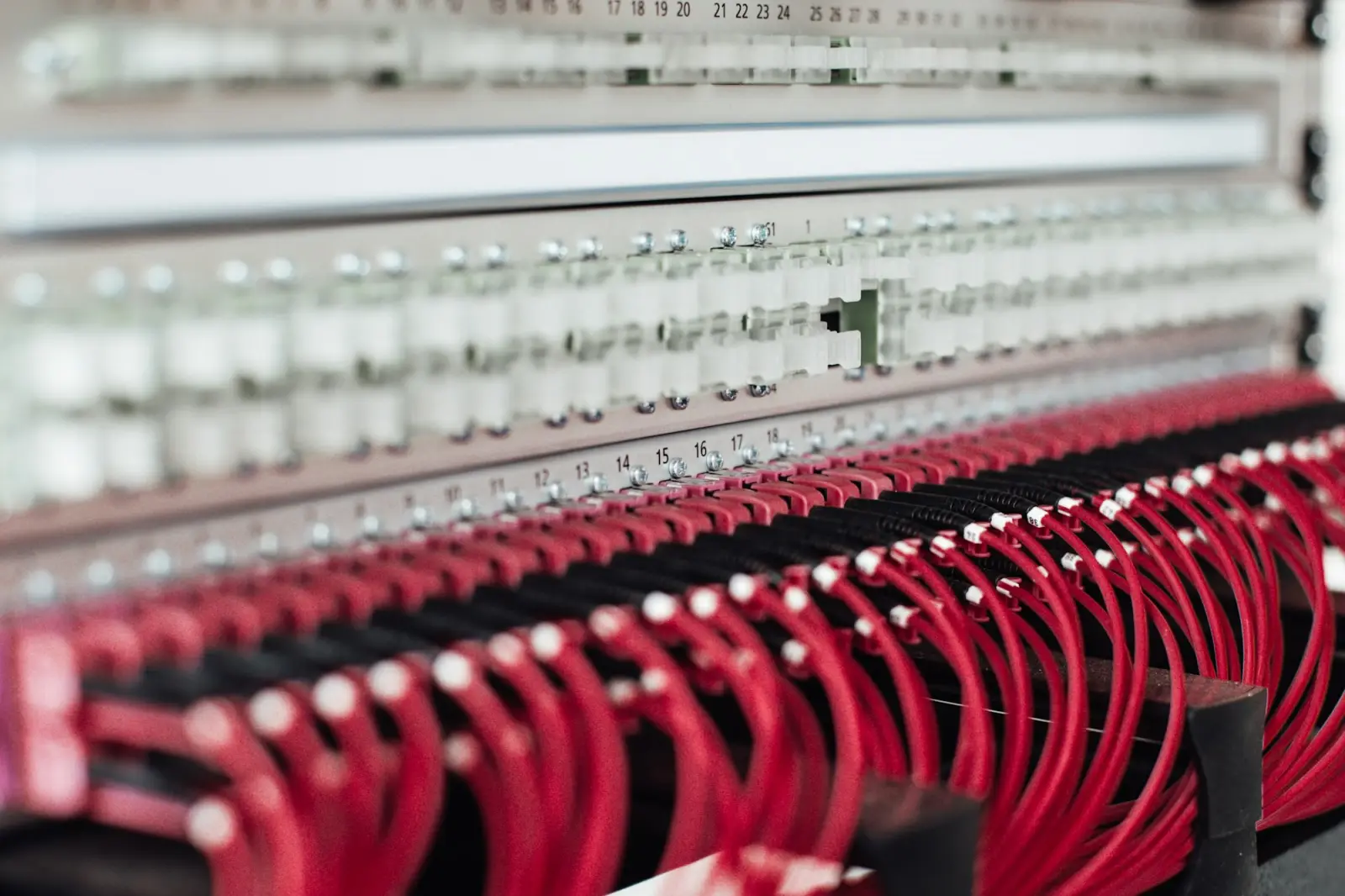 Network patch panel with neatly organised red patch cables