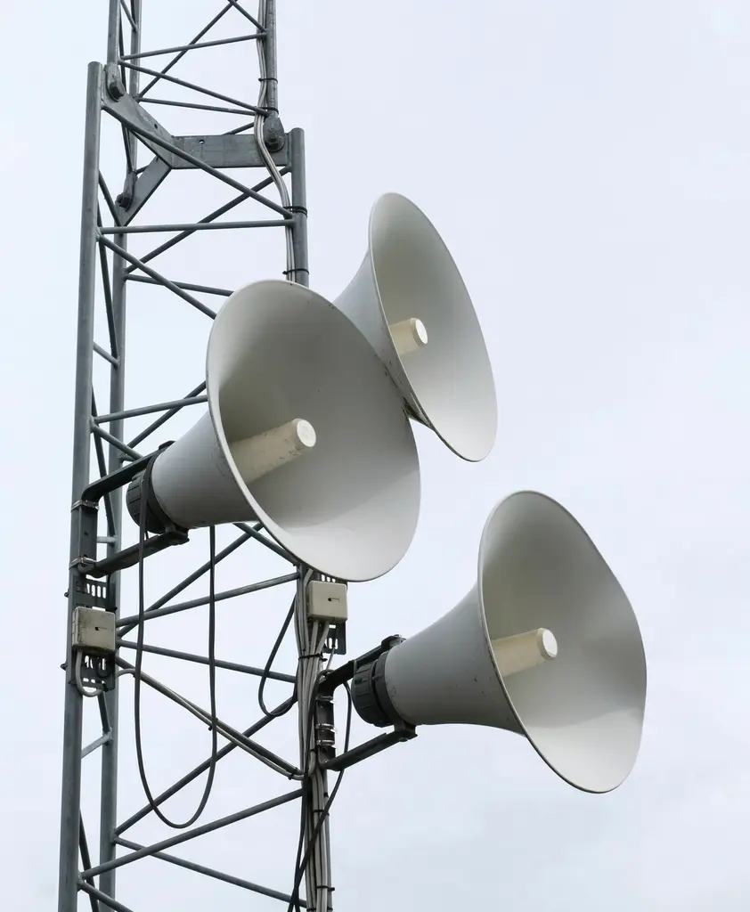 Outdoor horn loudspeakers mounted on a steel mast
